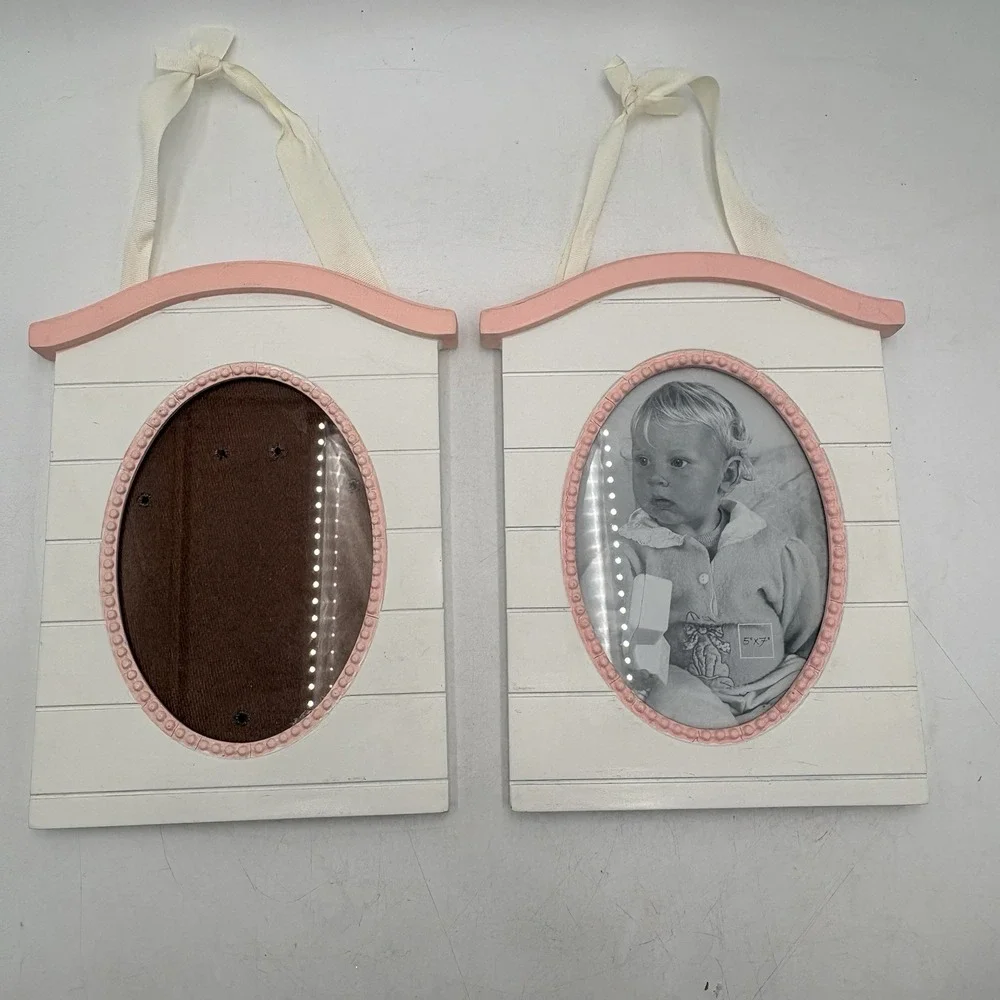 Set of 2 Cottage Chic Pink White Wall Hanging 5x7 Photo Frames Nursery Decor